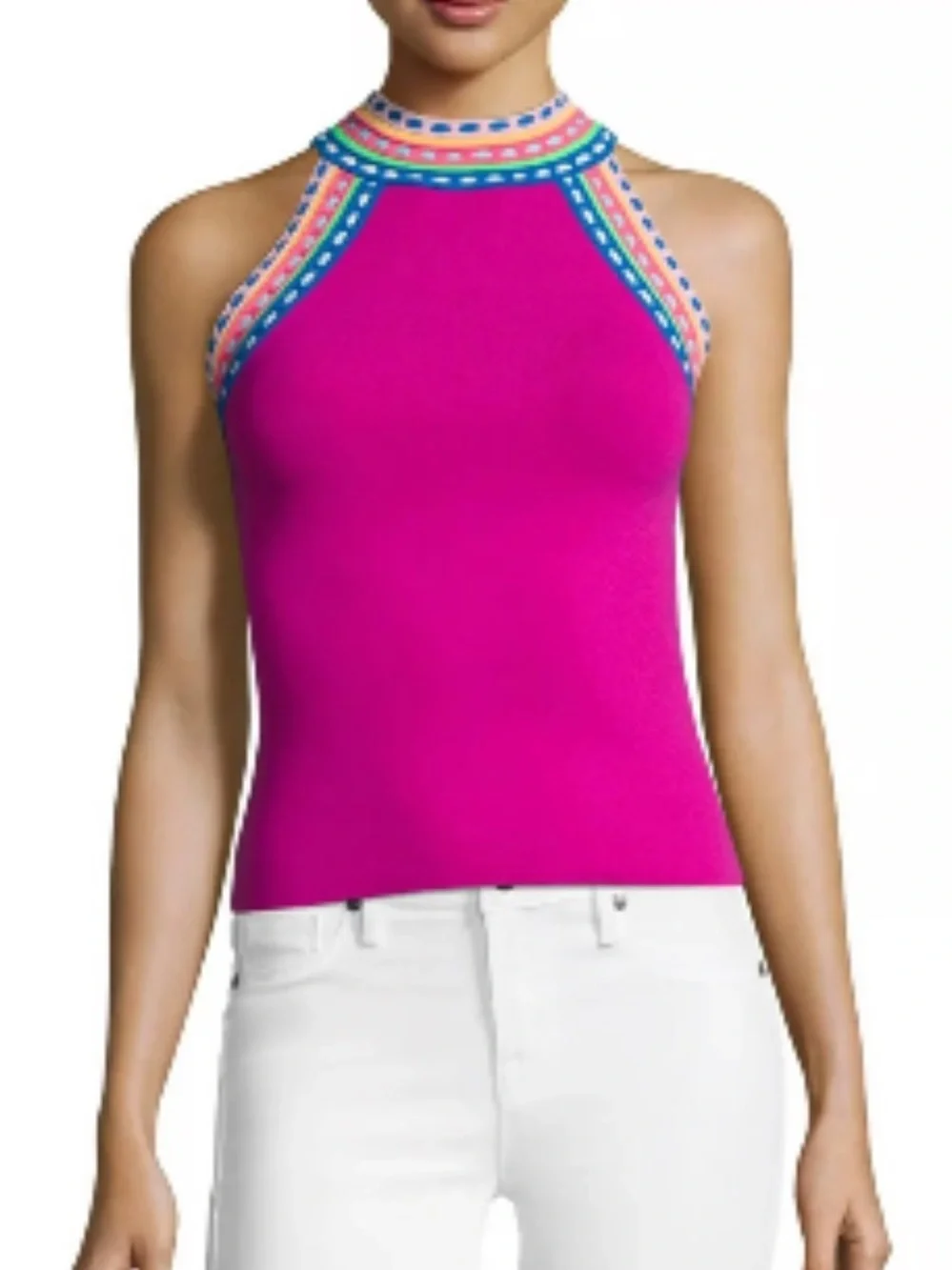 Milly Fuchsia Halter Top with Multicolor Stripe and Dot Trim - Picture 1 of 8
